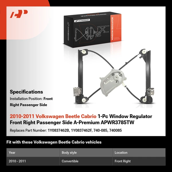 2010-2011 Volkswagen Beetle Cabrio 1-Pc Window Regulator Front Right Passenger Side A-Premium APWR3785TW