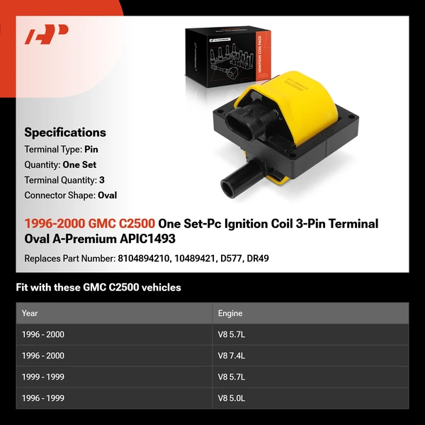 1996-2000 GMC C2500 One Set-Pc Ignition Coil 3-Pin Terminal Oval A-Premium APIC1493