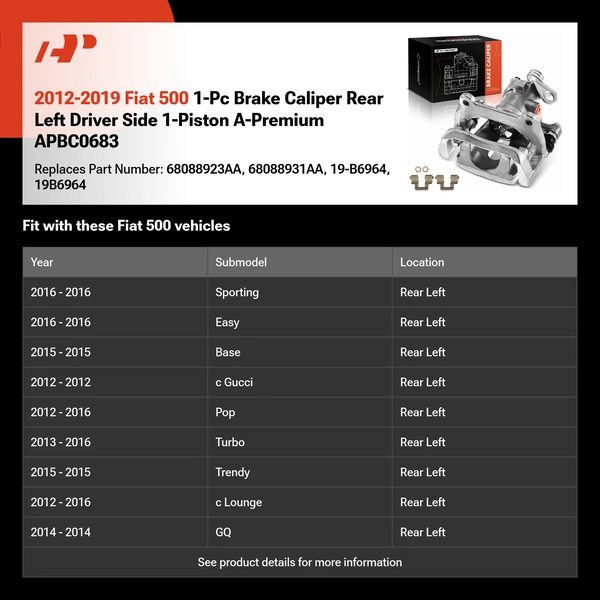2012-2019 Fiat 500 1-Pc Brake Caliper Rear Left Driver Side 1-Piston A-Premium APBC0683