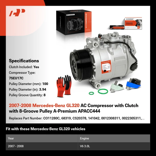 2007-2008 Mercedes-Benz GL320 AC Compressor with Clutch with 8-Groove Pulley A-Premium APACC444