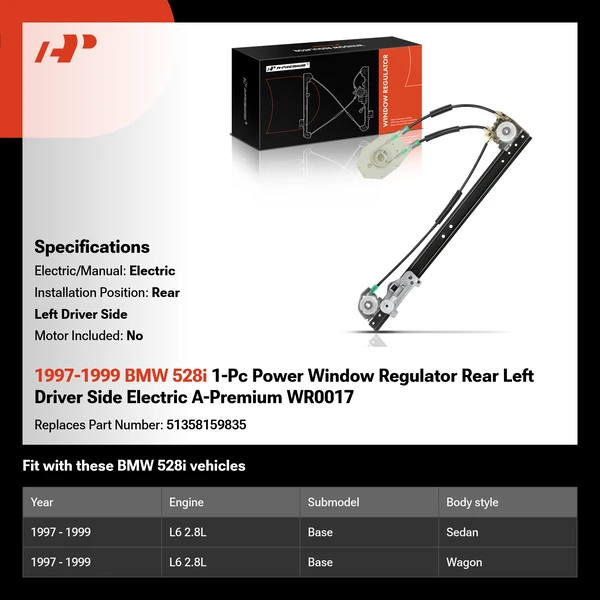 1997-1999 BMW 528i 1-Pc Power Window Regulator Rear Left Driver Side Electric A-Premium WR0017