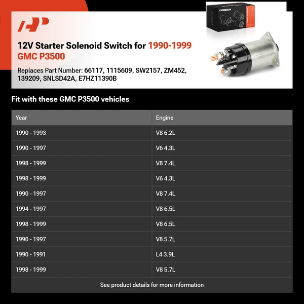 12V Starter Solenoid Switch for 1990-1999 GMC P3500