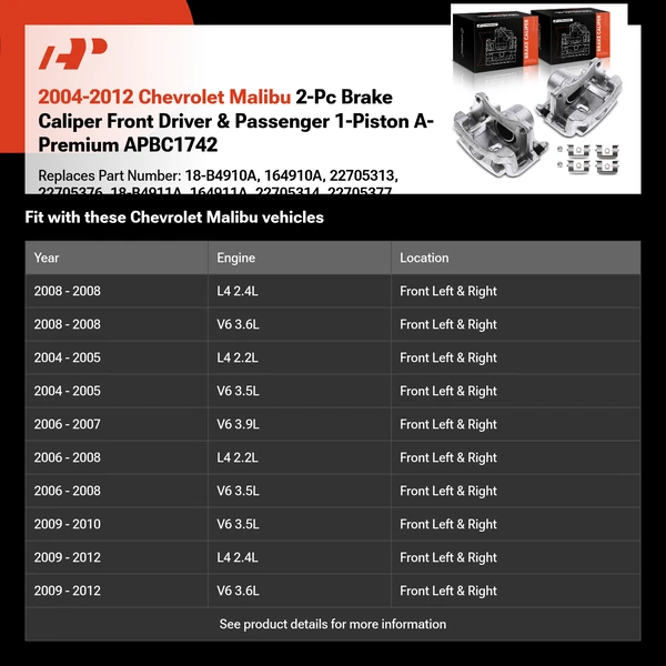 2004-2012 Chevrolet Malibu 2-Pc Brake Caliper Front Driver & Passenger 1-Piston A-Premium APBC1742