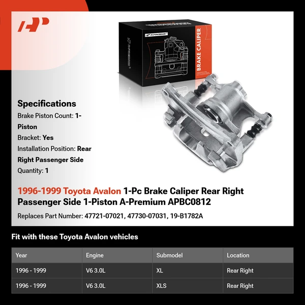 1996-1999 Toyota Avalon 1-Pc Brake Caliper Rear Right Passenger Side 1-Piston A-Premium APBC0812