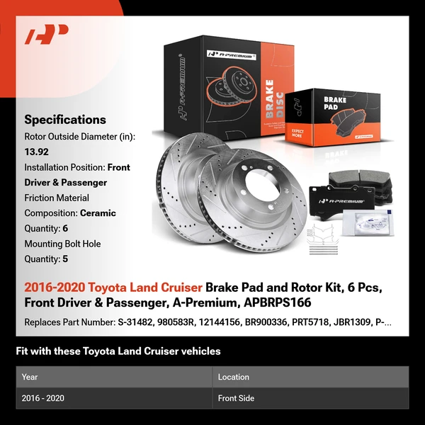 2016-2020 Toyota Land Cruiser Brake Pad and Rotor Kit, 6 Pcs, Front Driver & Passenger, A-Premium, APBRPS166