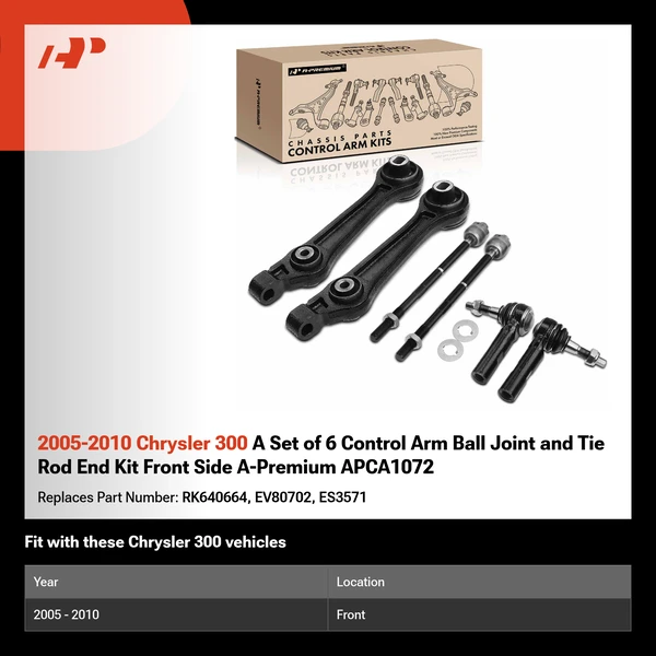 2005-2010 Chrysler 300 A Set of 6 Control Arm Ball Joint and Tie Rod End Kit Front Side A-Premium APCA1072