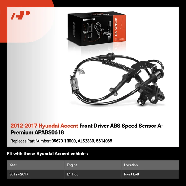 2012-2017 Hyundai Accent Front Driver ABS Speed Sensor A-Premium APABS0618