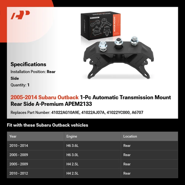 2005-2014 Subaru Outback 1-Pc Automatic Transmission Mount Rear Side A-Premium APEM2133