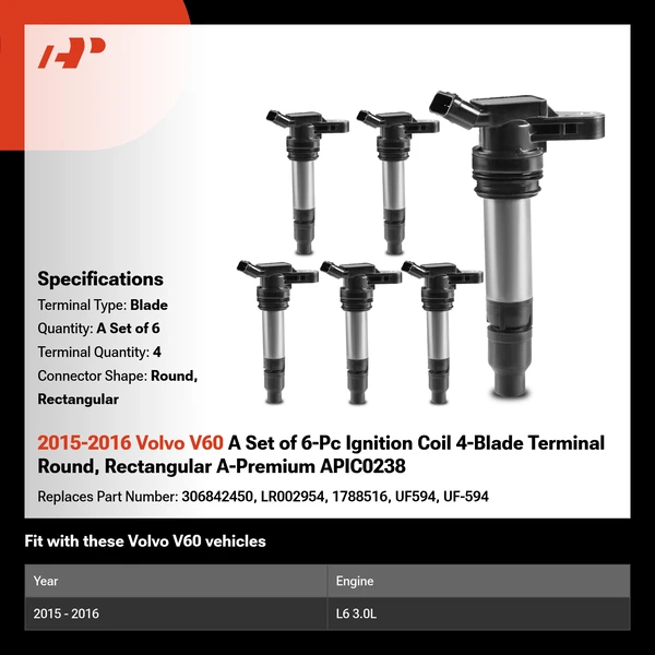 2015-2016 Volvo V60 A Set of 6-Pc Ignition Coil 4-Blade Terminal Round, Rectangular A-Premium APIC0238