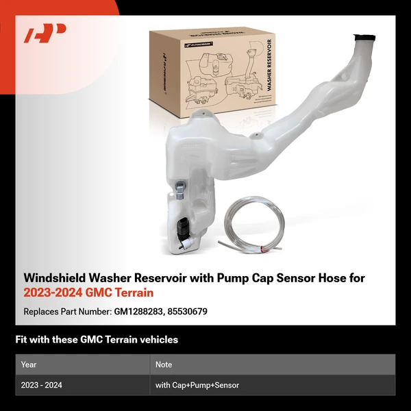 Windshield Washer Reservoir with Pump Cap Sensor Hose for 2023-2024 GMC Terrain