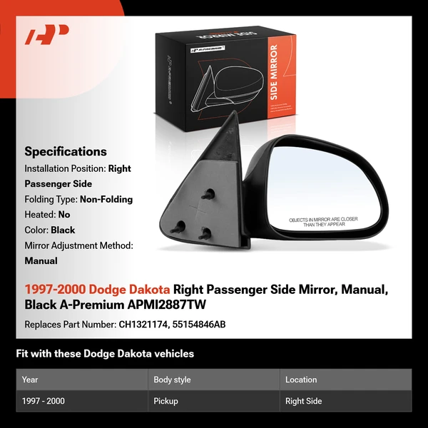 1997-2000 Dodge Dakota Right Passenger Side Mirror, Manual, Black A-Premium APMI2887TW