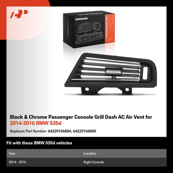 Black & Chrome Passenger Console Grill Dash AC Air Vent for 2014-2016 BMW 535d