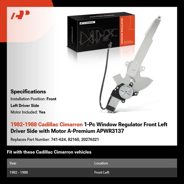 1982-1988 Cadillac Cimarron 1-Pc Window Regulator Front Left Driver Side with Motor A-Premium APWR3137