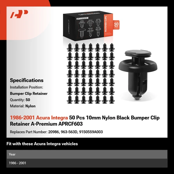 1986-2001 Acura Integra 50 Pcs 10mm Nylon Black Bumper Clip Retainer A-Premium APRCF603