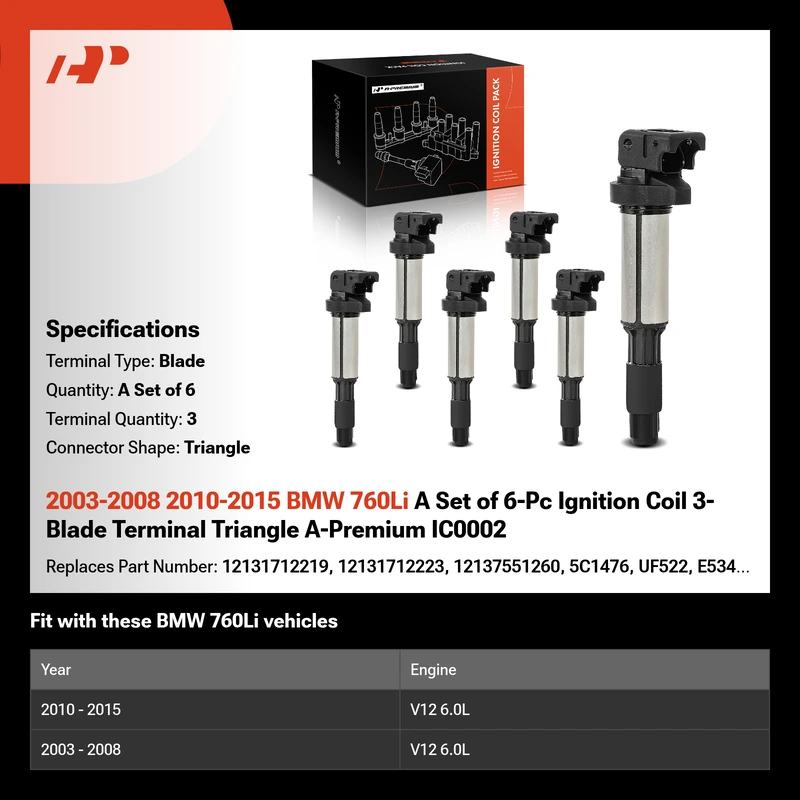 2003-2008 2010-2015 BMW 760Li A Set of 6-Pc Ignition Coil 3-Blade Terminal Triangle A-Premium IC0002
