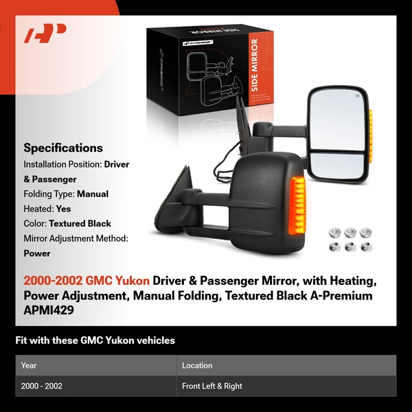 2000-2002 GMC Yukon Driver & Passenger Mirror, with Heating, Power Adjustment, Manual Folding, Textured Black A-Premium APMI429