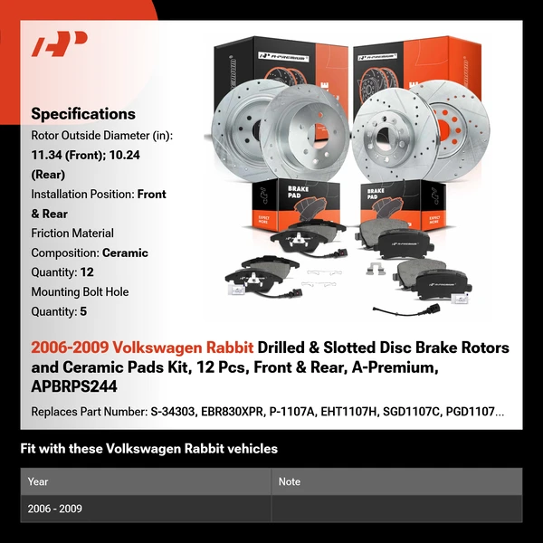 2006-2009 Volkswagen Rabbit Drilled & Slotted Disc Brake Rotors and Ceramic Pads Kit, 12 Pcs, Front & Rear, A-Premium, APBRPS244