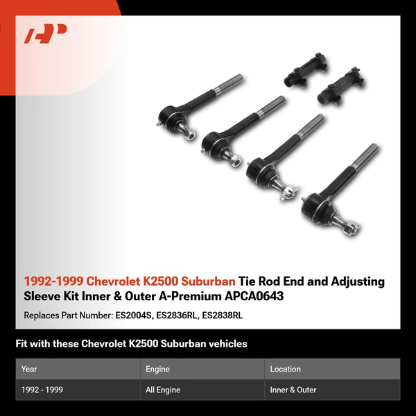 1992-1999 Chevrolet K2500 Suburban Tie Rod End and Adjusting Sleeve Kit Inner & Outer A-Premium APCA0643
