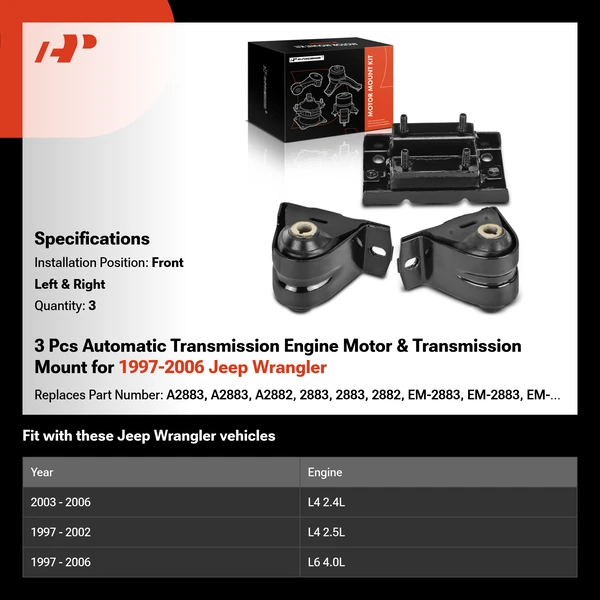 3 Pcs Automatic Transmission Engine Motor & Transmission Mount for 1997-2006 Jeep Wrangler