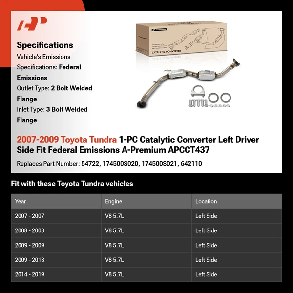 2007-2009 Toyota Tundra 1-PC Catalytic Converter Left Driver Side Fit Federal Emissions A-Premium APCCT437
