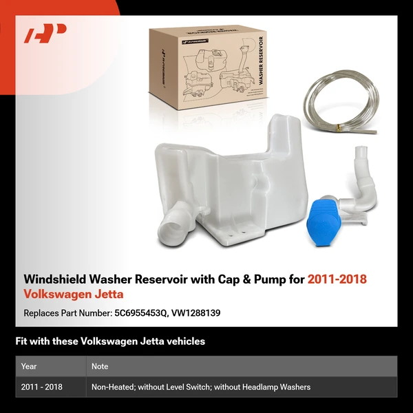 Windshield Washer Reservoir with Cap & Pump for 2011-2018 Volkswagen Jetta