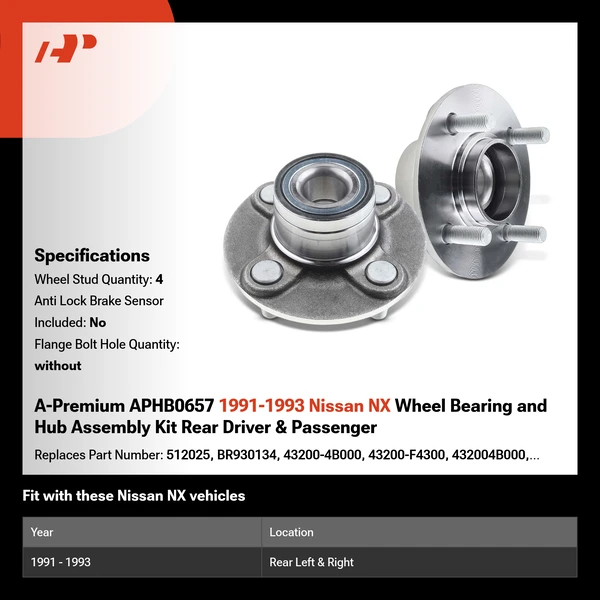 A-Premium APHB0657 1991-1993 Nissan NX Wheel Bearing and Hub Assembly Kit Rear Driver & Passenger
