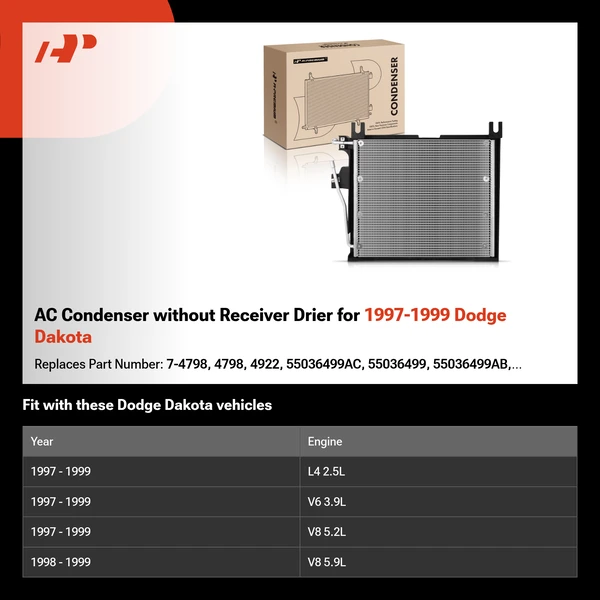 AC Condenser without Receiver Drier for 1997-1999 Dodge Dakota