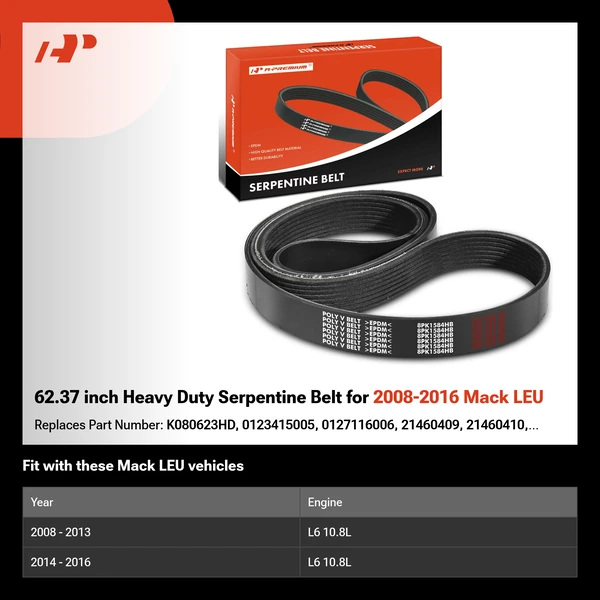 62.37 inch Heavy Duty Serpentine Belt for 2008-2016 Mack LEU