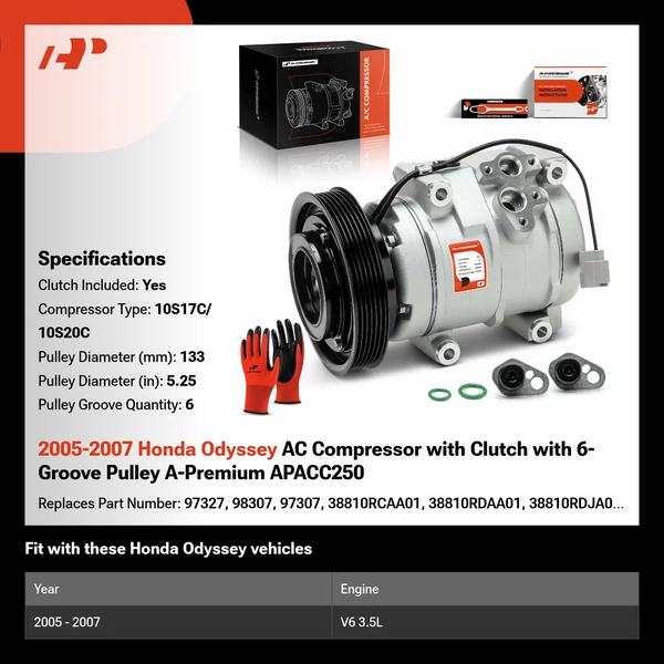 2005-2007 Honda Odyssey AC Compressor with Clutch with 6-Groove Pulley A-Premium APACC250