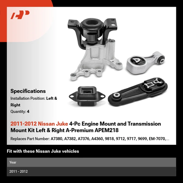 2011-2012 Nissan Juke 4-Pc Engine Mount and Transmission Mount Kit Left & Right A-Premium APEM218
