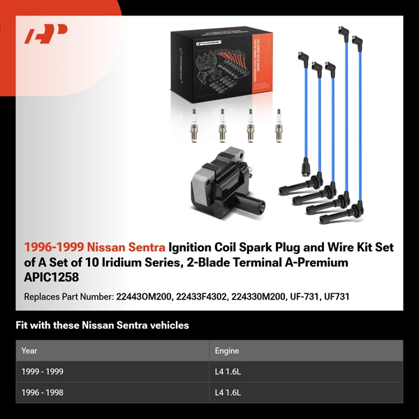 1996-1999 Nissan Sentra Ignition Coil Spark Plug and Wire Kit Set of A Set of 10 Iridium Series, 2-Blade Terminal A-Premium APIC1258