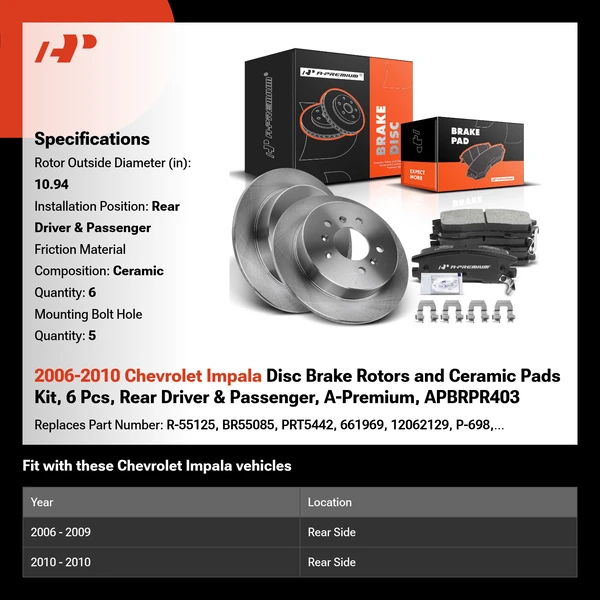 2006-2010 Chevrolet Impala Disc Brake Rotors and Ceramic Pads Kit, 6 Pcs, Rear Driver & Passenger, A-Premium, APBRPR403