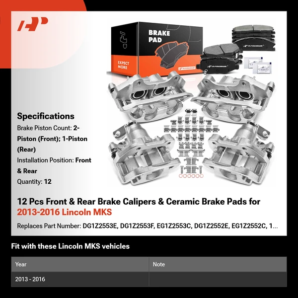 12 Pcs Front & Rear Brake Calipers & Ceramic Brake Pads for 2013-2016 Lincoln MKS