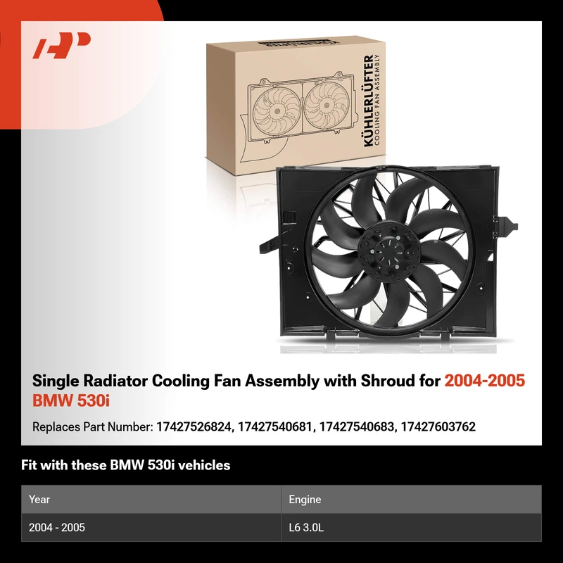 Single Radiator Cooling Fan Assembly with Shroud for 2004-2005 BMW 530i