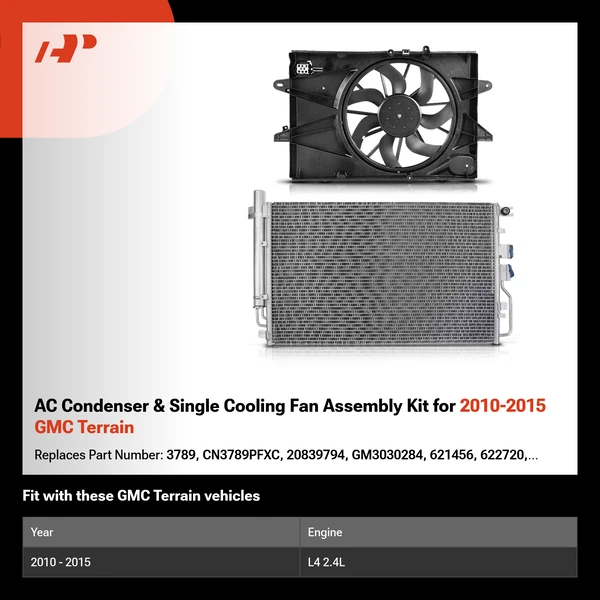 AC Condenser & Single Cooling Fan Assembly Kit for 2010-2015 GMC Terrain