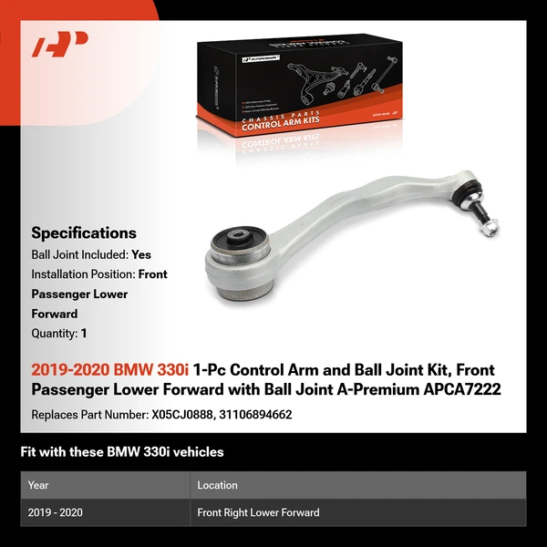 2019-2020 BMW 330i 1-Pc Control Arm and Ball Joint Kit, Front Passenger Lower Forward with Ball Joint A-Premium APCA7222