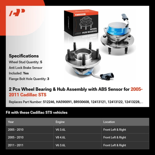 2 Pcs Wheel Bearing & Hub Assembly with ABS Sensor for 2005-2011 Cadillac STS