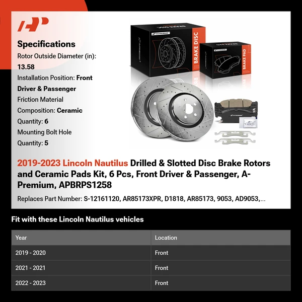 2019-2023 Lincoln Nautilus Drilled & Slotted Disc Brake Rotors and Ceramic Pads Kit, 6 Pcs, Front Driver & Passenger, A-Premium, APBRPS1258
