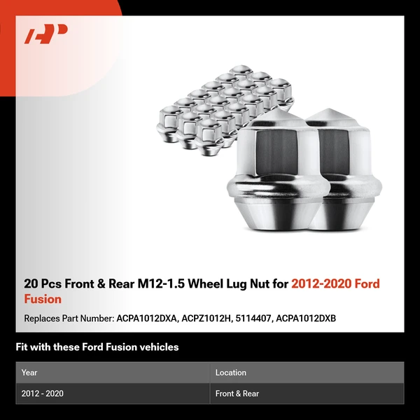 20 Pcs Front & Rear M12-1.5 Wheel Lug Nut for 2012-2020 Ford Fusion