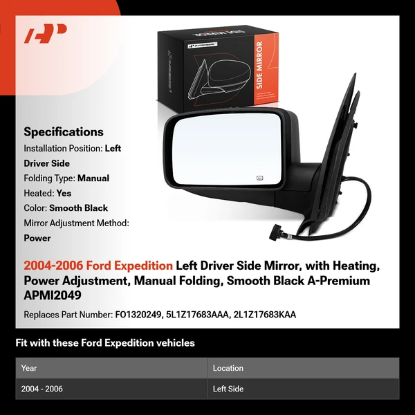 2004-2006 Ford Expedition Left Driver Side Mirror, with Heating, Power Adjustment, Manual Folding, Smooth Black A-Premium APMI2049