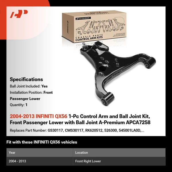 2004-2013 INFINITI QX56 1-Pc Control Arm and Ball Joint Kit, Front Passenger Lower with Ball Joint A-Premium APCA7258