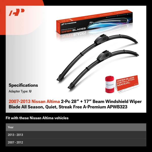 2007-2013 Nissan Altima 2-Pc 28″ + 17″ Beam Windshield Wiper Blade All Season, Quiet, Streak Free A-Premium APWB323
