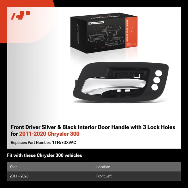 Front Driver Silver & Black Interior Door Handle with 3 Lock Holes for 2011-2020 Chrysler 300