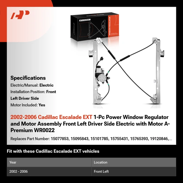 2002-2006 Cadillac Escalade EXT 1-Pc Power Window Regulator and Motor Assembly Front Left Driver Side Electric with Motor A-Premium WR0022
