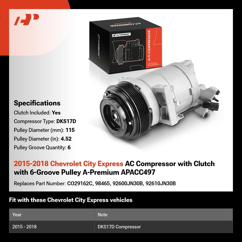 2015-2018 Chevrolet City Express AC Compressor with Clutch with 6-Groove Pulley A-Premium APACC497