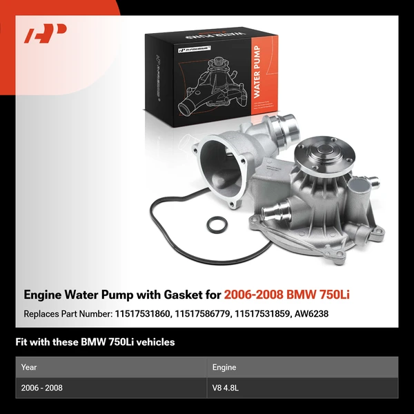 Engine Water Pump with Gasket for 2006-2008 BMW 750Li