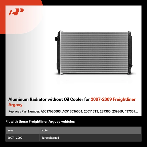 Aluminum Radiator without Oil Cooler for 2007-2009 Freightliner Argosy