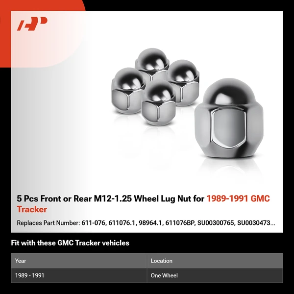 5 Pcs Front or Rear M12-1.25 Wheel Lug Nut for 1989-1991 GMC Tracker
