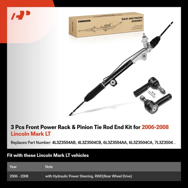 3 Pcs Front Power Rack & Pinion Tie Rod End Kit for 2006-2008 Lincoln Mark LT