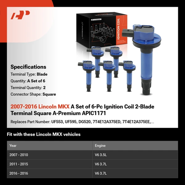 2007-2016 Lincoln MKX A Set of 6-Pc Ignition Coil 2-Blade Terminal Square A-Premium APIC1171